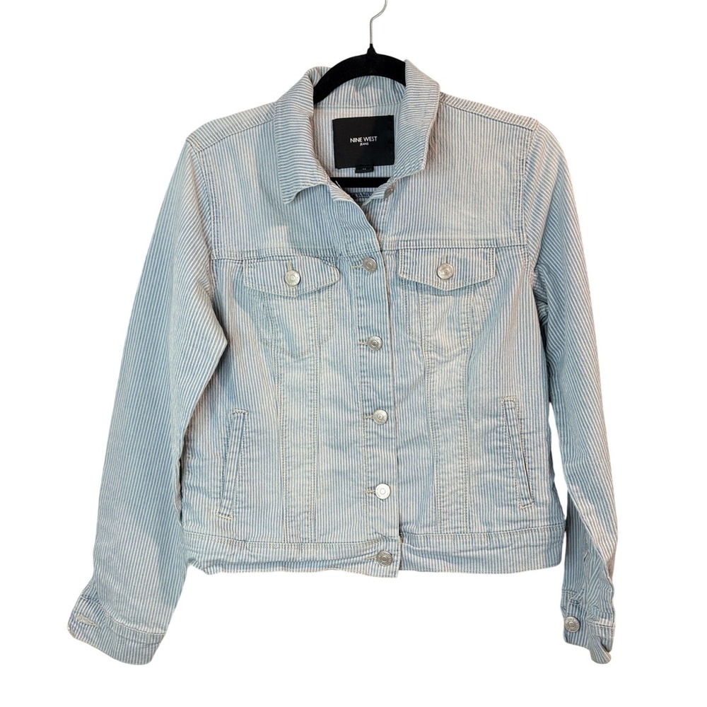 Nine West Jeans Striped Denim Jacket Blue White Pinstripe Trucker Size M